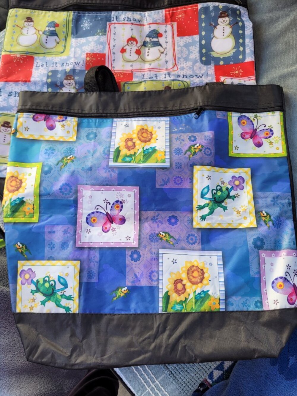 TWO Large Tote Travel Bag 17" x 6"/9" Strap Butterfly Floral Snowmen pattern